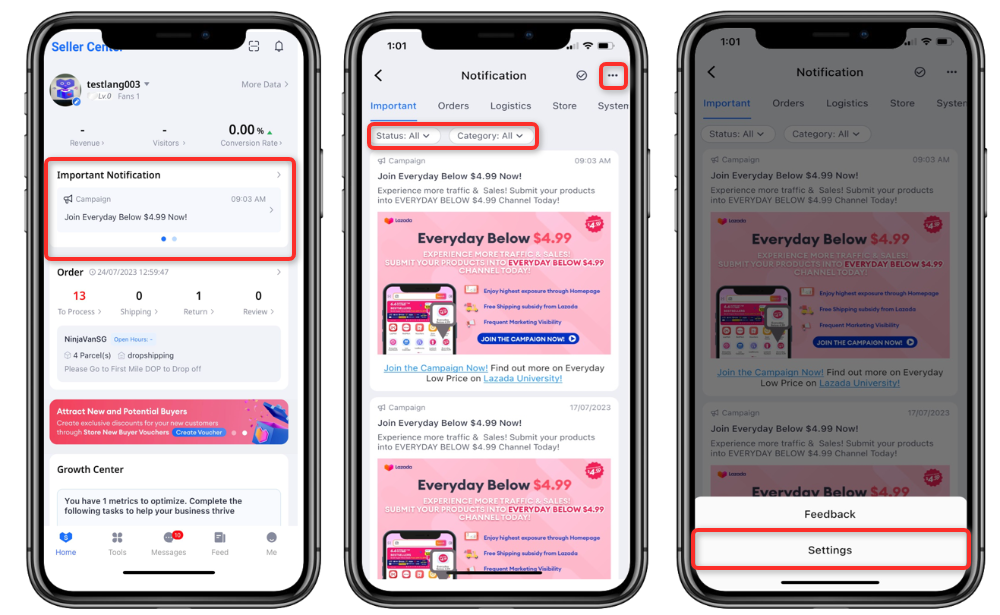How do I set inapp notifications? Lazada Seller Center
